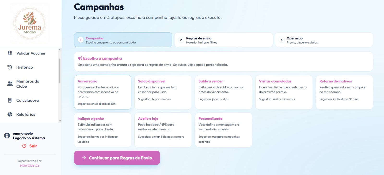 Tela de campanhas automáticas no WhatsApp